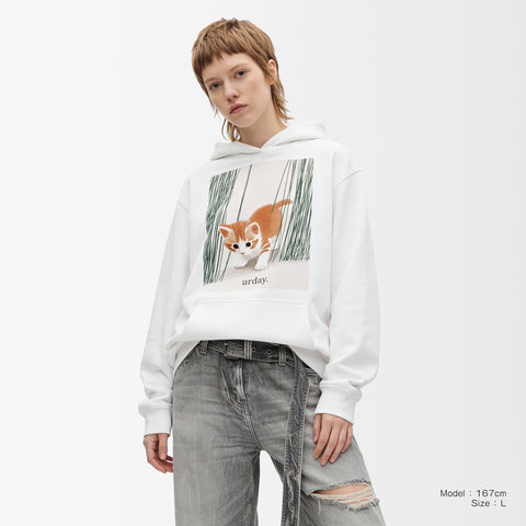 予約：urday【cat】アートワークスウェットプルパーカ（u-a-spk-0001-02）ホワイト